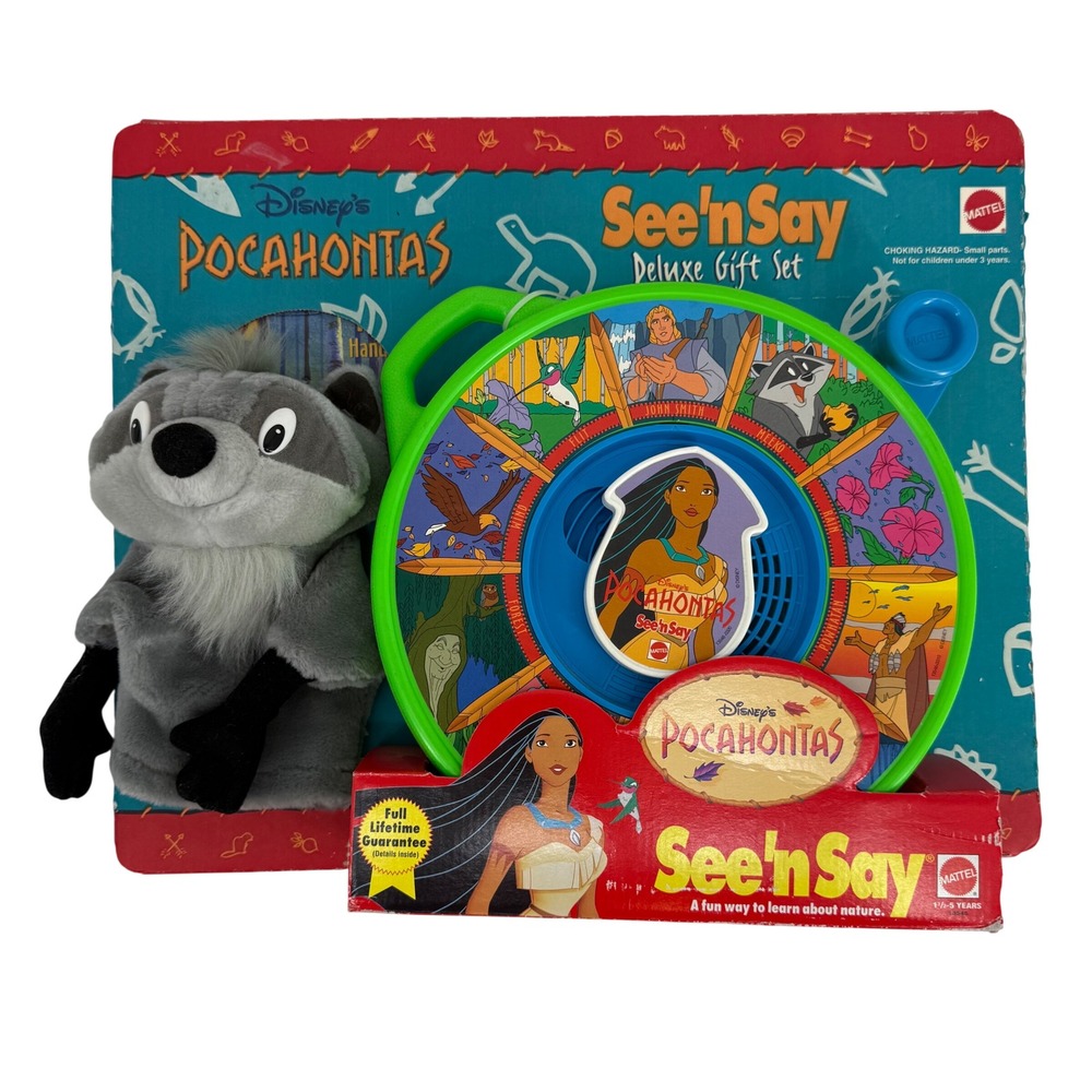 Vintage 1995 Disney Pocahontas See n Say Deluxe Gift Set Meeko Puppet Mattel